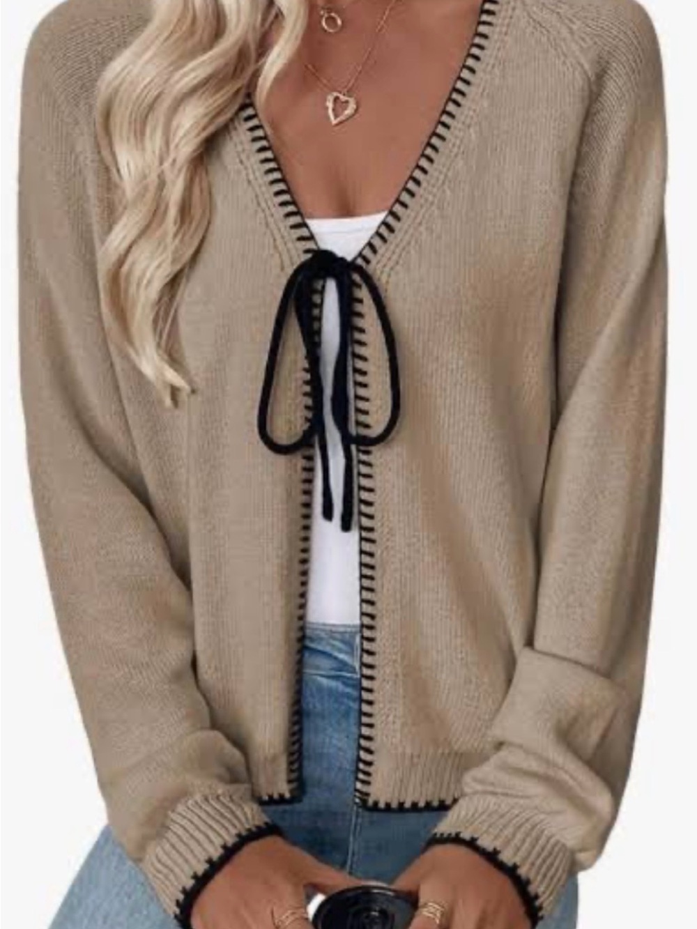 Evaless Latte Tie-Front Knit Cardigan with Black Trim